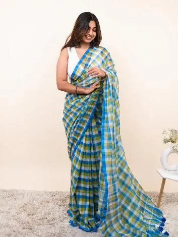 Handloom Pure Mul Cotton Gamcha Checked Saree